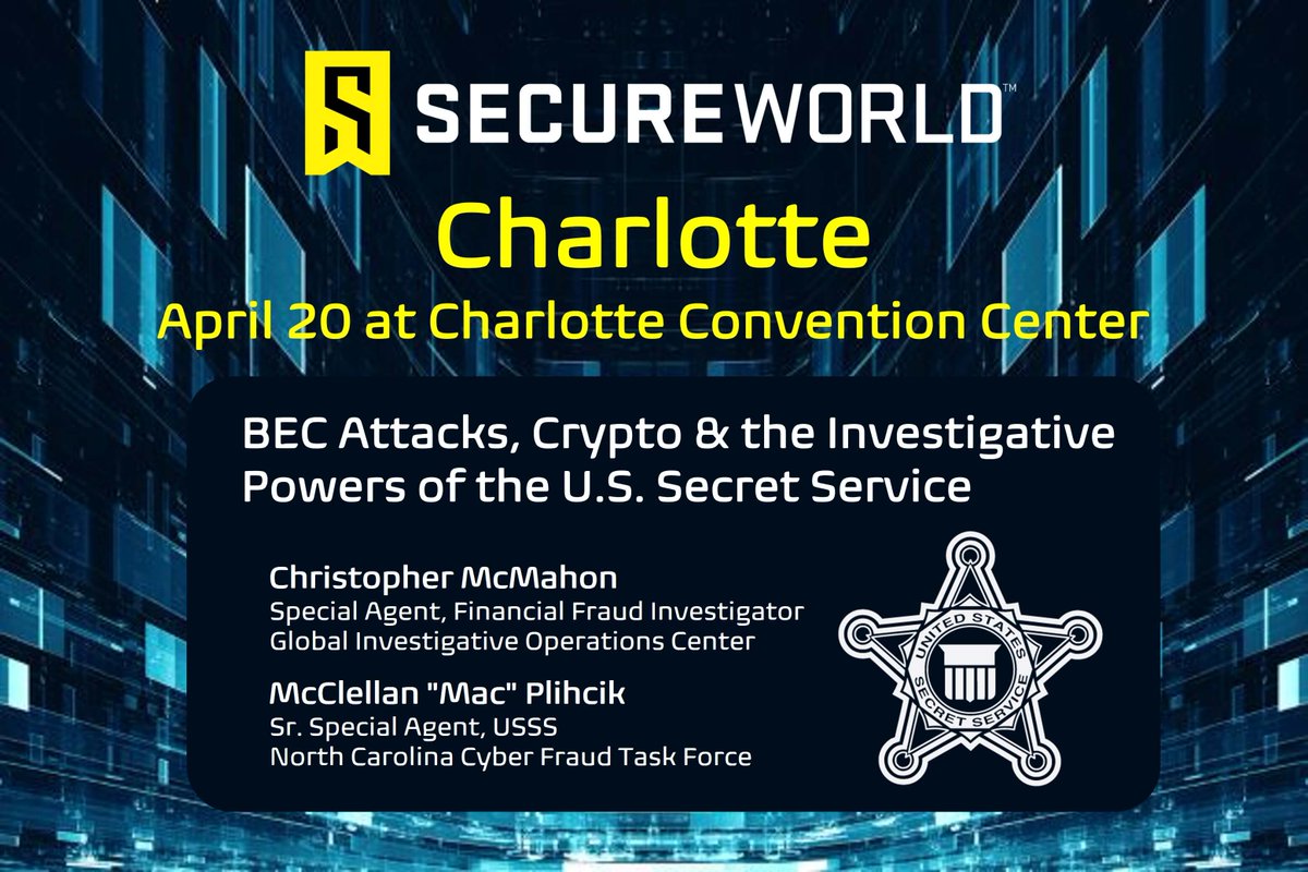 SecureWorld's tweet photo. Next week at SecureWorld Charlotte, the U.S. @SecretService will present on its investigations of BEC attacks, cryptocurrency fraud, and cybercrime. See the conference agenda and register here: https://t.co/aTYyq5qdRa #SWCLT22 https://t.co/QK69CZd1br