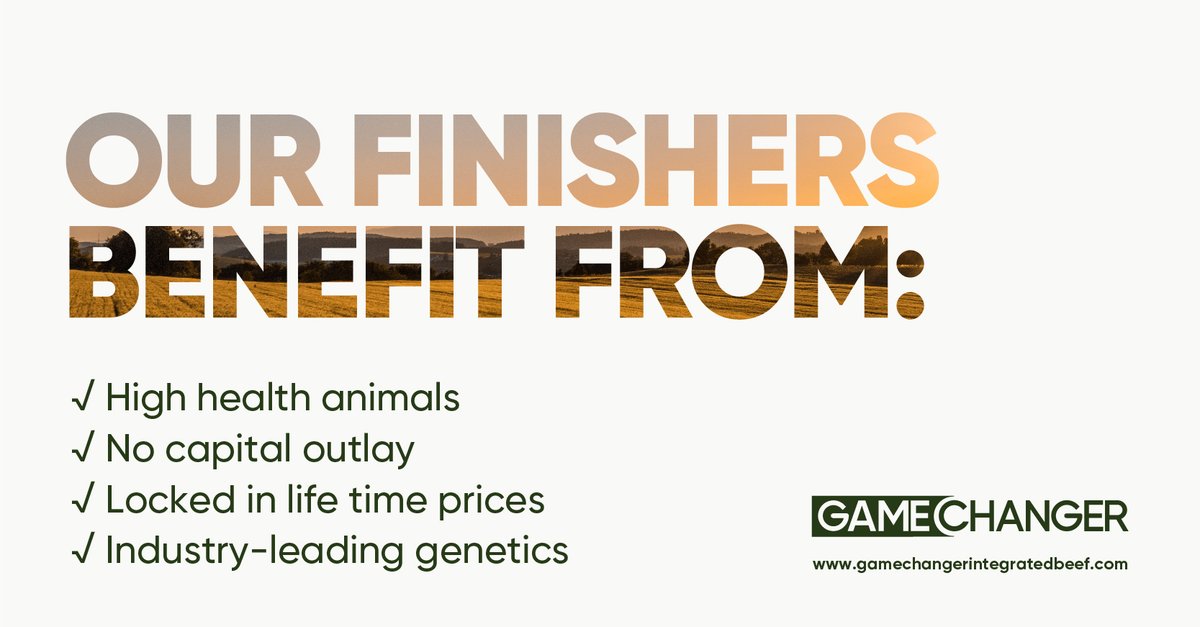 If you're a Finisher, you could be benefiting from...

✔️ High health animals
✔️ No capital outlay
✔️ Locked in lifetime price
✔️ Industry-leading genetics

Read more at gamechangerintegratedbeef.com/becoming-a-fin…

#britishfarming #farm #farmlife #ukfarming #farminglife #farmingfamily