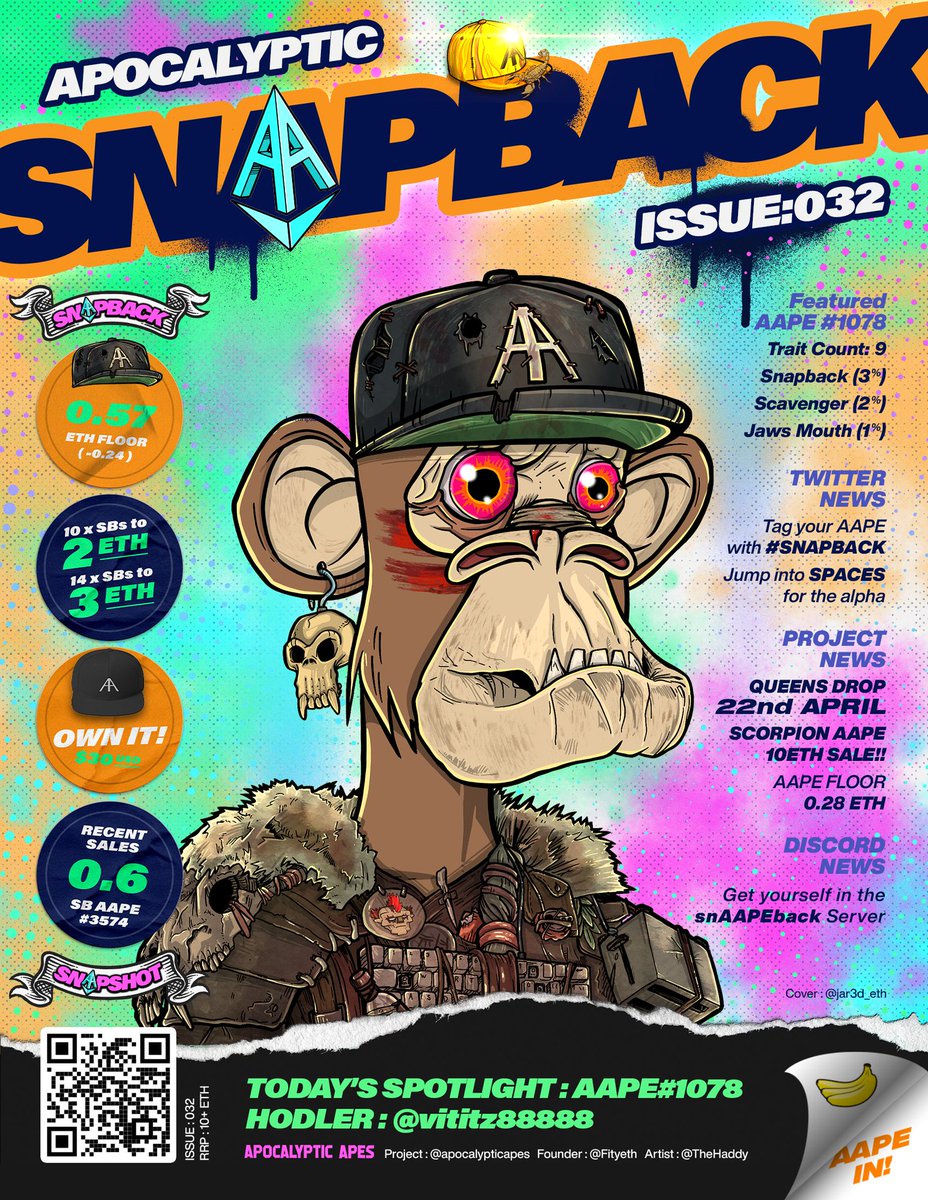 APOCALYPTIC SNAPBACK: ISSUE 032 Featured: 
<a href="/vititz88888/">MrVitz</a>
 AAPE #1078
_____
<a href="/apocalypticapes/">Apocalyptic Apes | 🦍</a>
 / 
<a href="/Fityeth/">fity.eth</a>
 / 
<a href="/TheHaddy/">HaddyTheCreator</a>
 / 
<a href="/AAPEQueens/">Apocalyptic Queen Apes 👑🦍</a>

Queens pre-sale 22nd of April! 👀🚀✨
Cover art by @jar3d_eth 
#aapes #aape #nft #snapbackgang #aapequeens