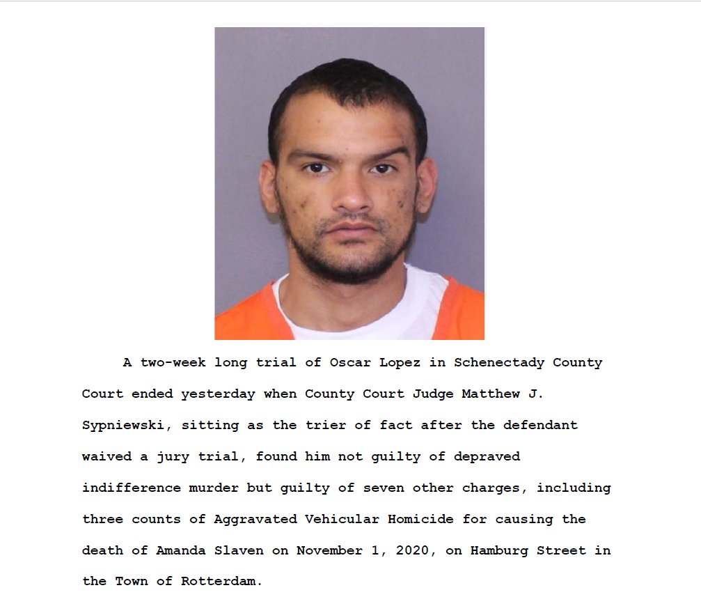 DASchenectady's tweet photo. Schenectady County Court Judge finds defendant guilty of Aggravated Vehicular Homicide after bench trial. Please see the attached press release. https://t.co/RSjhYG57QF