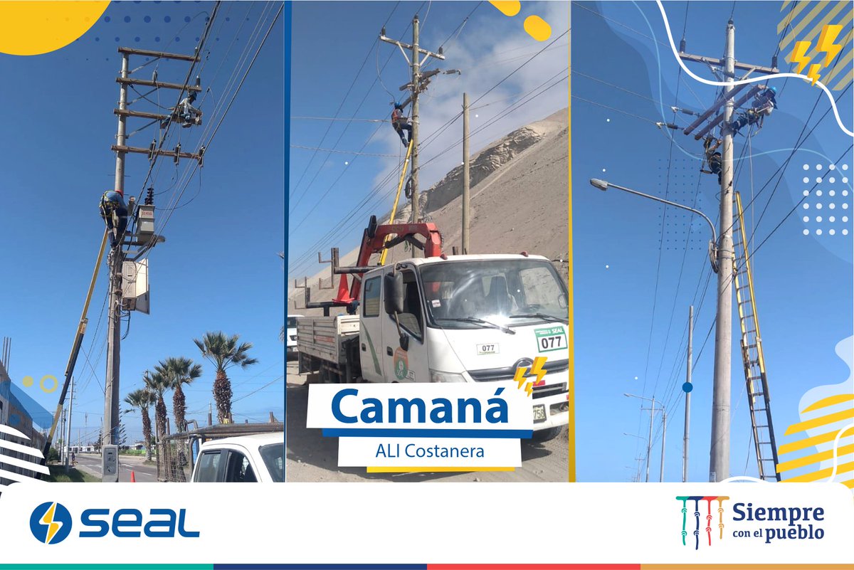 SealArequipa's tweet photo. Realizamos trabajos de ⚠️ #mantenimiento de redes en media tensión👷♀️👷♂️ en el Alimentador Costanera del Sistema Eléctrico Camaná beneficiando a los usuarios 👨👩👧👦 de #Quilca y #SamuelPastor de la provincia de #Camaná
Estamos para darte siempre un mejor servicio.
#JuntosSomosPotencia https://t.co/la6Qlhaatu
