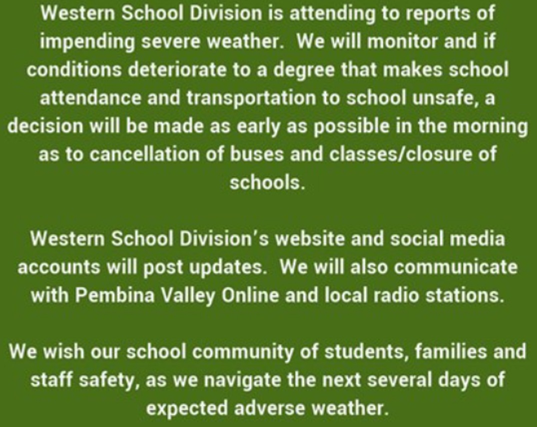 WesternSD_MB's tweet photo. Please see the following regarding anticipated adverse weather.  Thank you and take care all! https://t.co/ldwJNd2aoq
