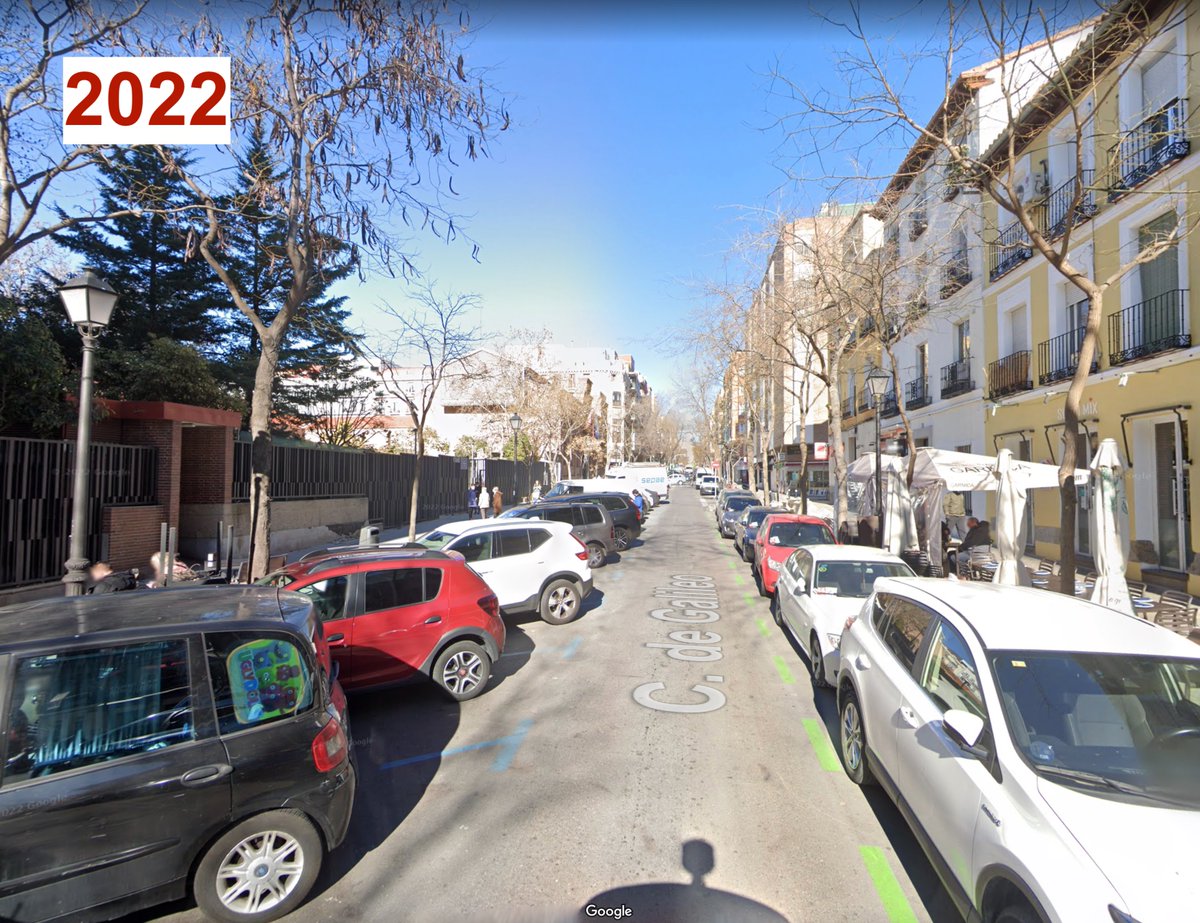 giraldeo's tweet photo. Esta historia para no olvidar: en las políticas urbanas, a veces, se puede retroceder muy rápidamente. Esta es la calle Galileo de Madrid en 2015, en 2018 y nuevamente en 2022. Junto a la entrada de un parque infantil, por cierto. https://t.co/5QVDa5wwBy