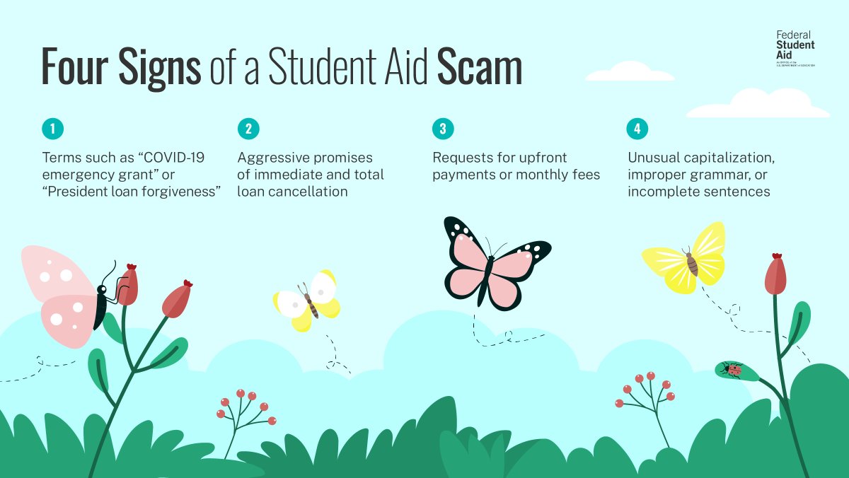 FAFSA's tweet image. Student aid scams come in different shapes and sizes, but they’re all trying to trick you. Learn the warning signs: go.usa.gov/xuYaH