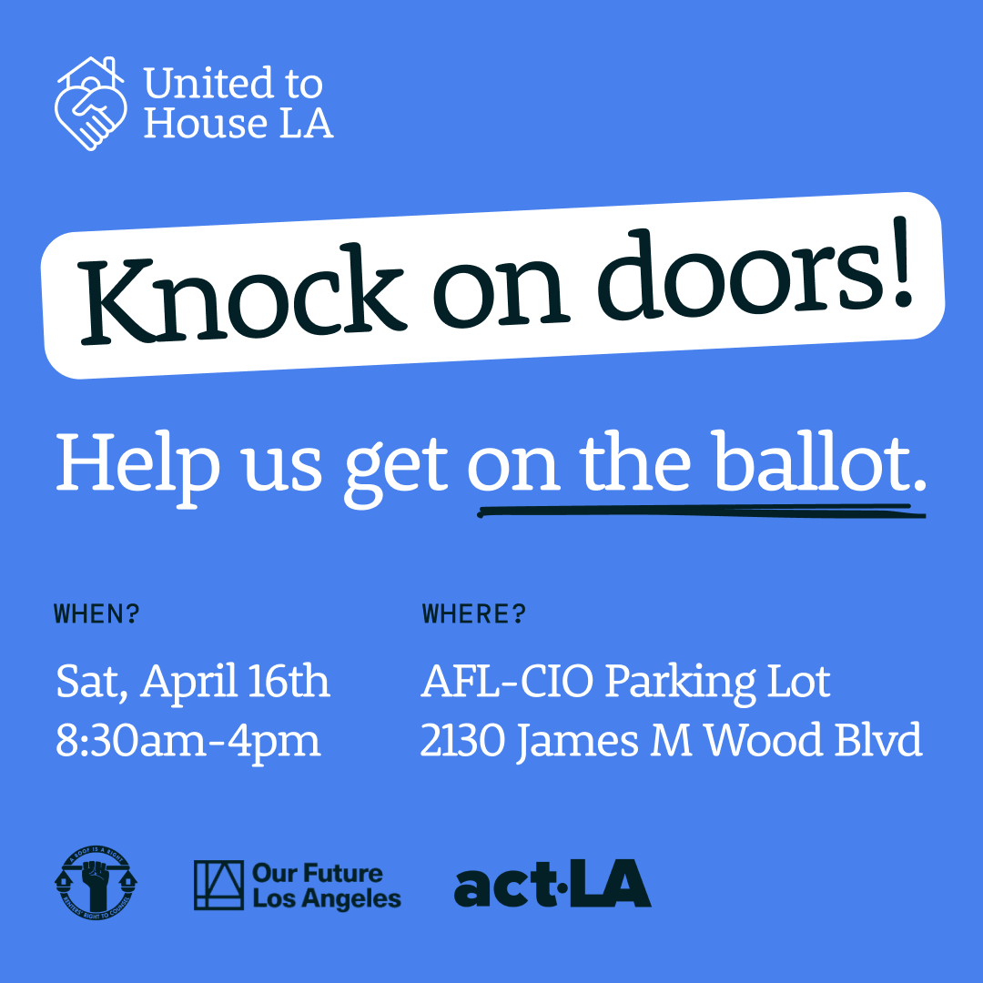 This Saturday, join us for a day of voter engagement to get #UnitedToHouseLA on the 2022 ballot ✊ Our pitch is simple: ask those who profit the most from LA's housing market to pay a little more so everyone benefits. If you can't RSVP, retweet 😉 bit.ly/3JmIAan
