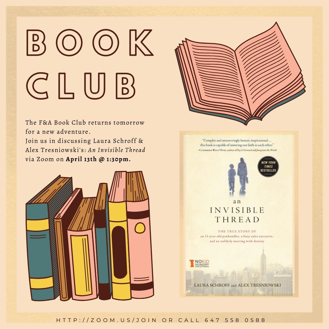 FA_Peel's tweet photo. The F&A Book Club returns tomorrow for a new adventure! Join Carrie, Elizabeth, & Lea in discussing Laura Schroff & Alex Tresniowski's An Invisible Thread via zoom tomorrow at 1:30pm 🥰
#reading #booklovers #bookclub #zoombookclub #truestory #mentalhealth #aninvisiblethread https://t.co/4W60LZXBOS