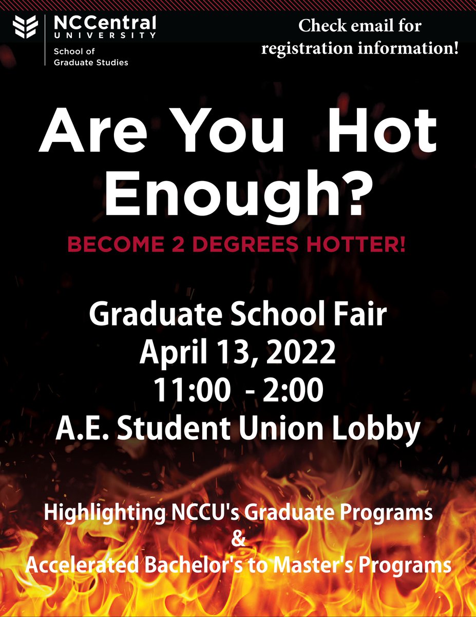 What's better than 1️⃣ degree... 2️⃣ degrees! Join the @nccugraduateoffice Wednesday 4/13 for the Graduate School Fair in the A.E. Student Union Lobby from 11 a.m. 2 p.m. #NCCULife