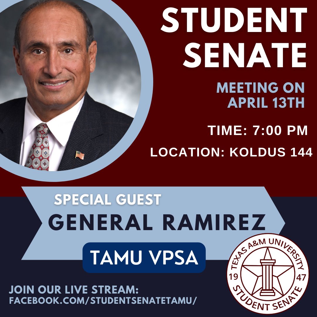 Student Senate is excited to announce that VPSA General Ramirez will be attending our meeting on April 13th. Please make sure to reach out to your representatives through our linktree if you have any concerns you could like addressed and watch the live stream on FaceBook! 📲💻