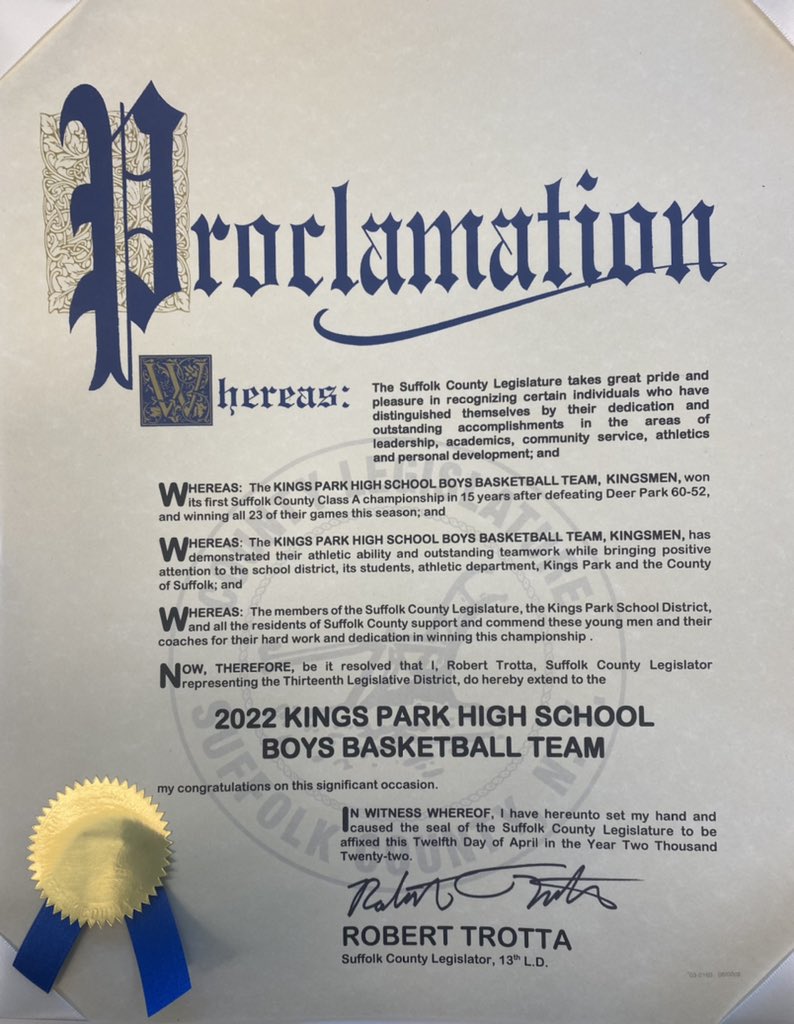 KPCSDAthletics's tweet photo. Varsity Boys Basketball received their Proclamation as Suffolk County Champions from the Suffolk County Legislature today! https://t.co/E7EO9WLVI4