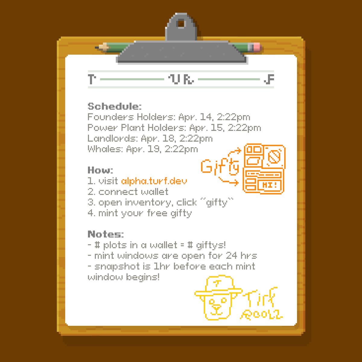 turfnft's tweet photo. 🎁 First gifty mint window will commence on Thursday April, 14 @ 2:22pm. Please direct your attention to this very official looking clipboard.

https://t.co/O8yrCtcMOx https://t.co/ynQXkBVVXb