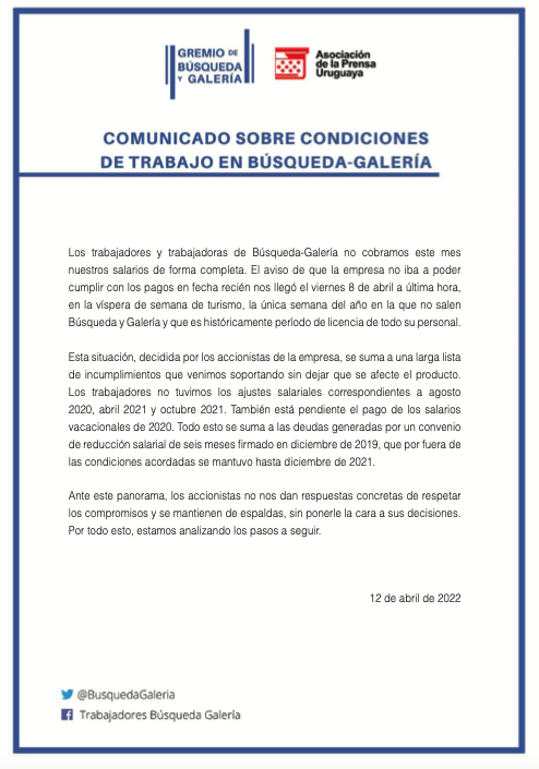 Comunicado sobre condiciones de trabajo de Búsqueda y Galería.