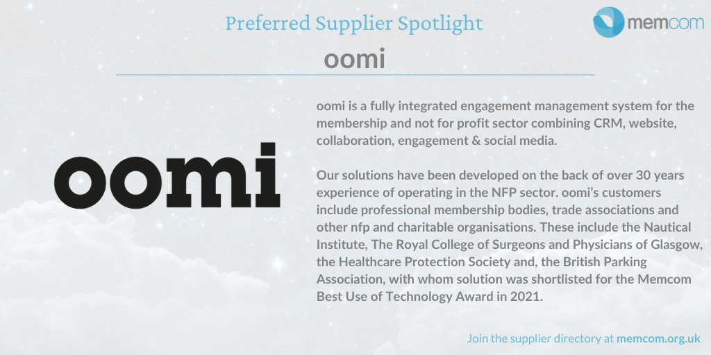memcomUK's tweet photo. This week's Preferred Supplier Spotlight shines on @oomiCRM 

Find out more about them in our membership #supplier directory https://t.co/XVaihGa14i 

#membership #memcom #Associations #CMS #CRM #Cloudservices #associationmanagement https://t.co/MgBIh81YSo