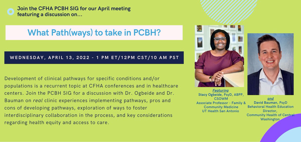 pcbhlife's tweet photo. What can be better than Drs. Bauman & @DrStacyO1 presenting together during #CFHA's #PCBH #SIG?!? Wed, April 13th at 1 PM EST @cfha_tweet https://t.co/zrZyb5Px6u