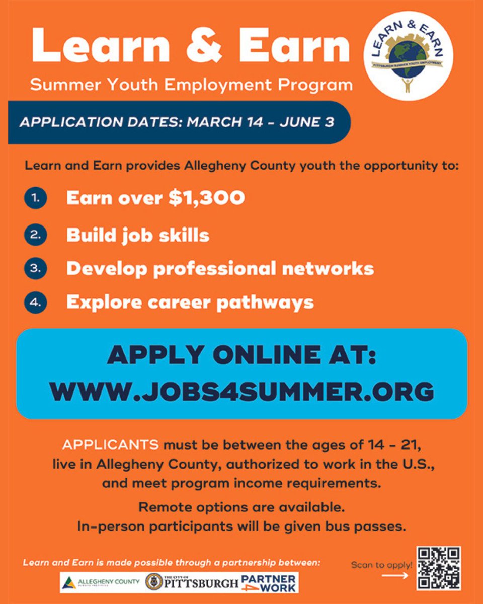 TheSoulPitt's tweet image. Learn &amp;amp; Earn | Summer Youth Employment Program
Application Dates: March 14 - June 3
APPLY ONLINE AT: JOBS4SUMMER.ORG