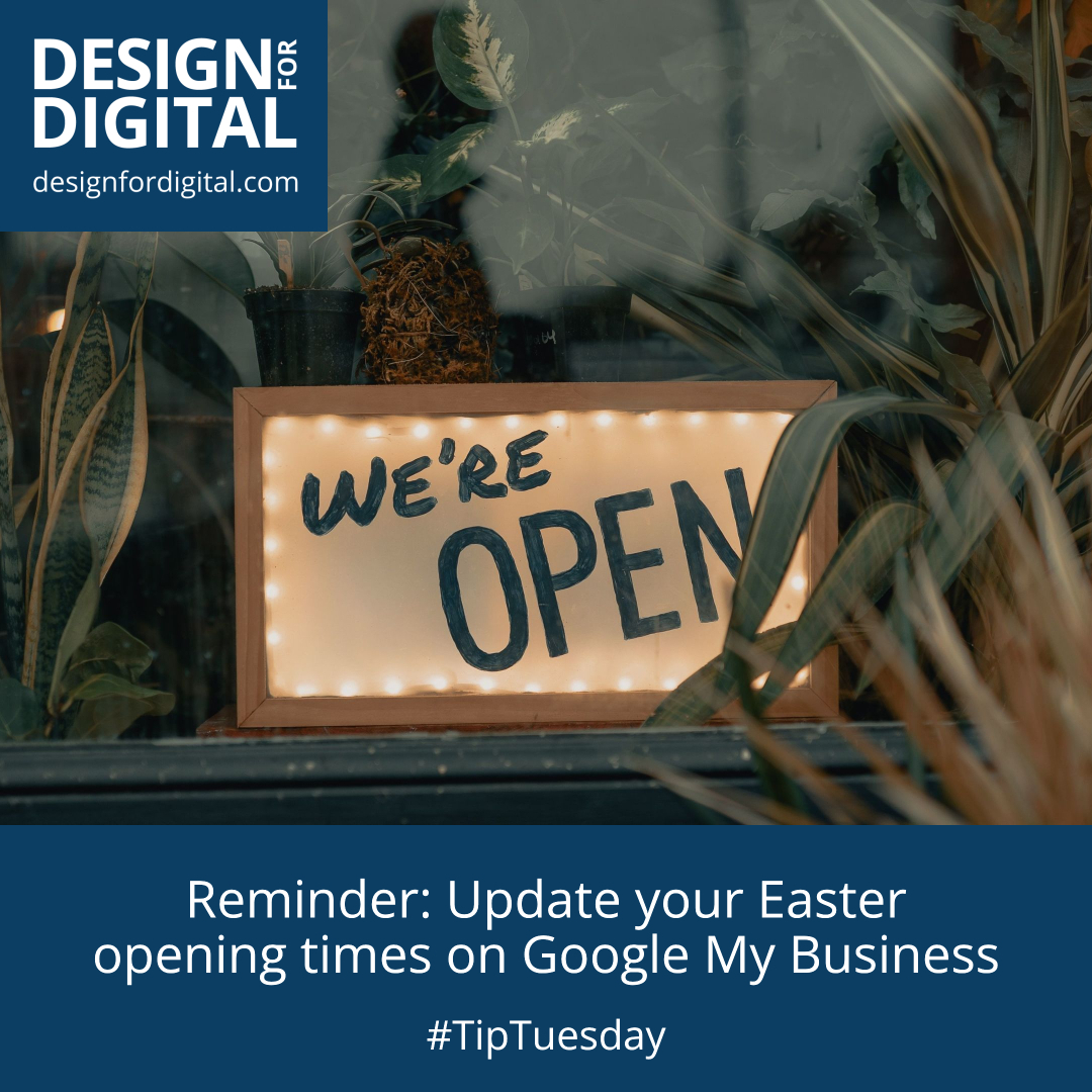 Design4Digital's tweet image. Top tip 💡  Make sure your Google My Business listing has your Easter opening times updated... No one wants to be left disappointed 😩

Trusted website design &amp;amp; development from Design for Digital - designfordigital.com/?utm_source=tw…

#tiptuesday #webdesign #google