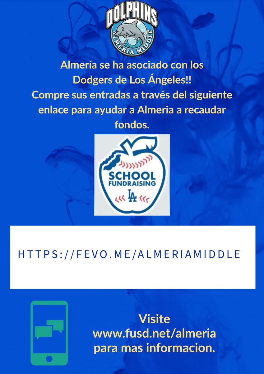 Calling all Dodger Fans!
Now through May 22 you can purchase great seats for any Dodger home game and a portion of the ticket sale will go to Almeria Middle School by using the link below:
fevo.me/almeriamiddle