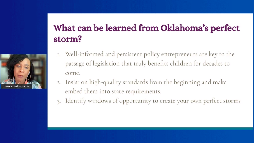 kneldukes's tweet photo. One more example of successful passage of early childhood policy at the state level comes from @cmariebell who shared the story of Oklahoma's "perfect storm" that led to the creation of a universal pre-K program. #NextStepChildPol https://t.co/zx51kkG6Y3