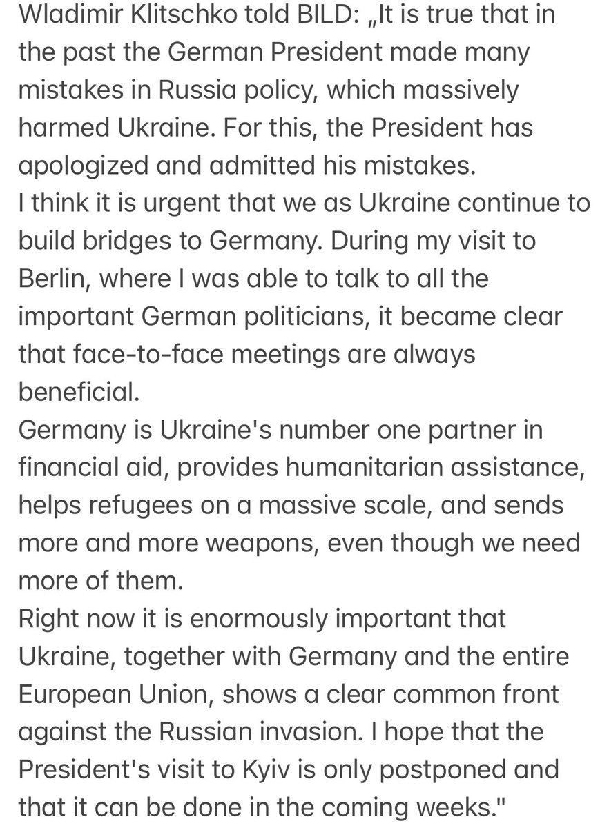 ronzheimer's tweet photo. Wladimir @Klitschko is defending Steinmeier, told @bild „I hope that the President's visit to Kyiv is only postponed and that it can be done in the coming weeks.“ 👇👇👇 https://t.co/PbjNDcFEV3
