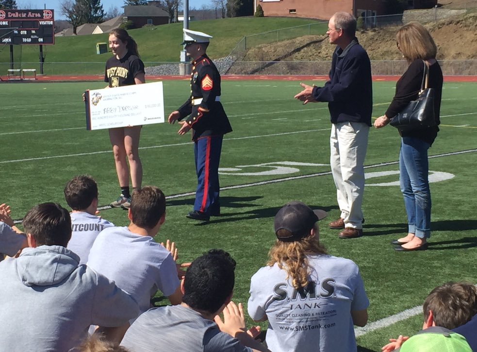 DASDBeavers's tweet photo. DAHS senior Abby Dressler was surprised and presented with a US Marine Corps NROTC Scholarship worth $180,000 today prior to track practice. She plans to attend George Washington University. Congrats Abby! #BeaverPride https://t.co/Kw8VnwlUj2
