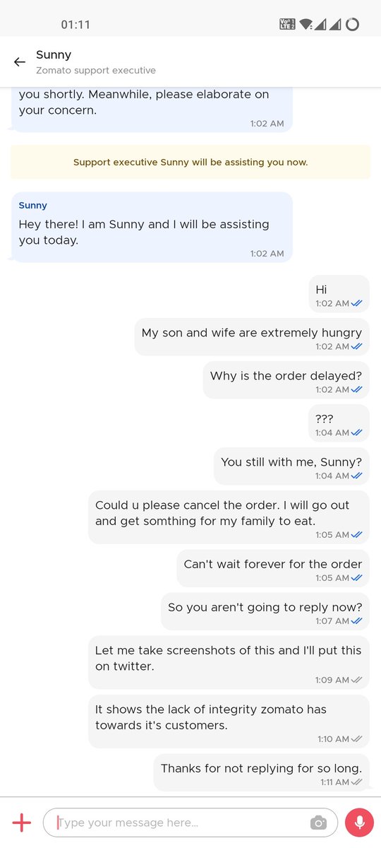 shoaiblf's tweet photo. @zomato @zomatocare The chat support executive isn't responding at all. I needed help and I didn't receive a single response for more than 8 mins straight. Please look into this. https://t.co/WyPwWRJ7JA
