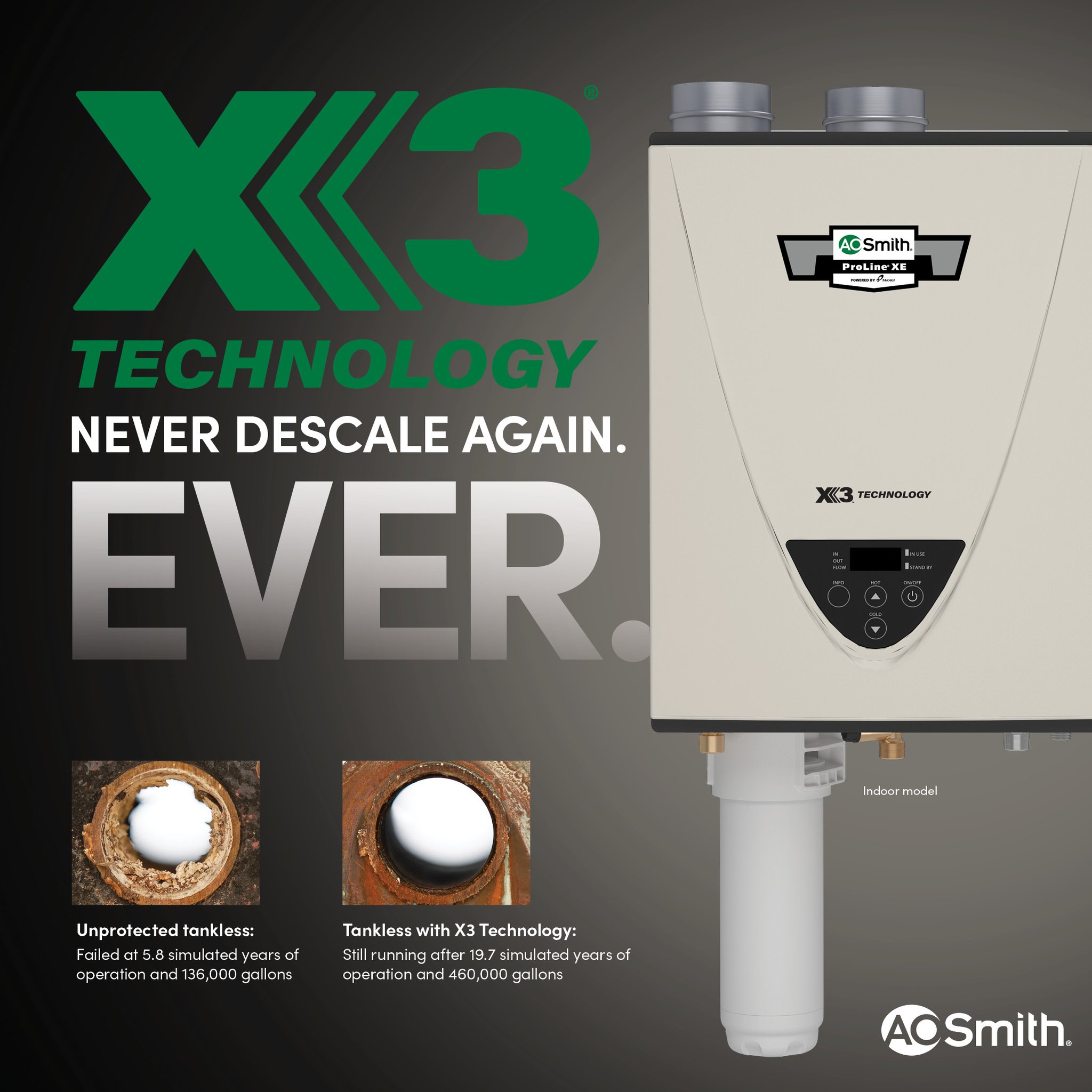 A. O. Smith on X: Introducing X3 Scale Prevention Technology, now  available on our suite of condensing gas tankless water heaters. X3  Technology means you'll never have to descale a tankless water heater again  -- ever! See what makes this possible ...