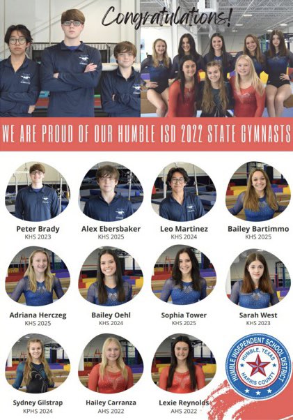 Congratulations @HumbleISD gymnasts!!! @THSGCA state meet next week, let’s go!!! @HumbleISD_KHS @HumbleISD_AHS @KPARKmedia @KHSGymnastics