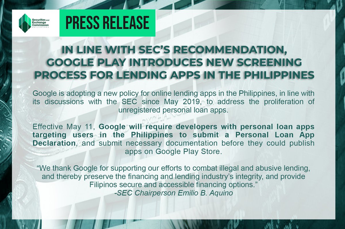 SEC_Philippines's tweet photo. In line with the SEC's recommendation, @Google is adopting a new policy for online lending apps in the Philippines to address the proliferation of unregistered personal loan apps.
#CheckWithSEC https://t.co/t8Uu6ZgJ9J