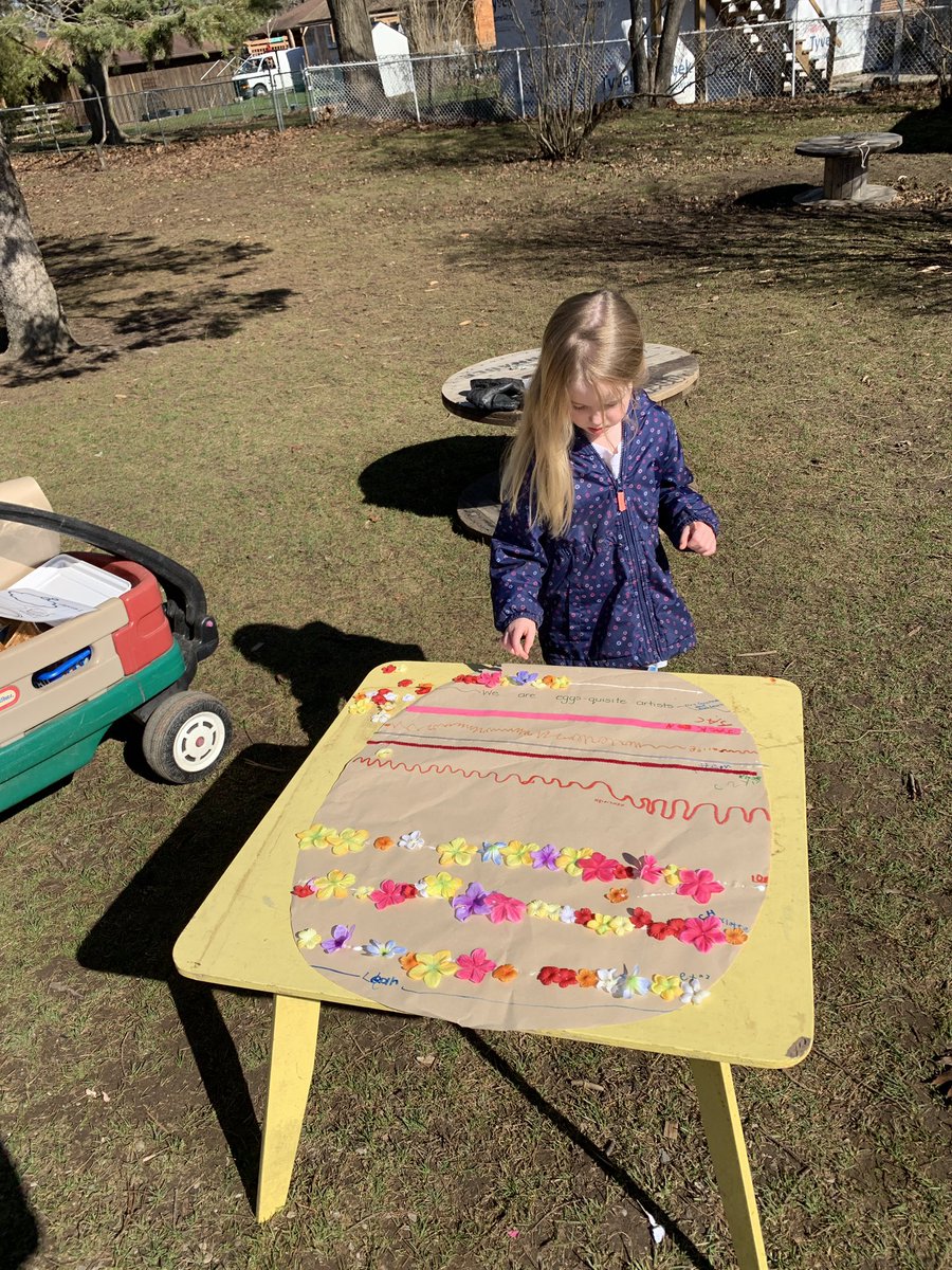 rain_rach's tweet photo. Collaborative April Art…Eggs, lines and loose parts oh my. After a picture walk of The Easter Egg by Jan Brett to see the detail in decorating eggs we each will add our own lines to create  our own class egg. #tvdsbkindergarten #outdooreducation #monthlyartcollaboration https://t.co/GEuGkKfXLo