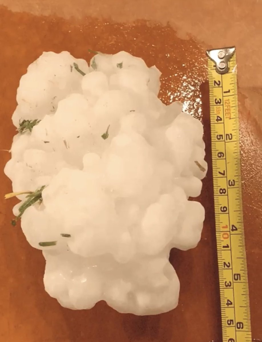 NashWX's tweet photo. This massive 𝟱.𝟱 𝗜𝗡𝗖𝗛 hailstone fell in Salado, Texas this evening! For reference, that’s about the size of a CD/DVD 💿🙄

~ The state hail record is 6.4 inches ~

Photo sent in by: Gina Brown
#weather #stormhour #txwx #hail #texas https://t.co/s4BQ0JisIU