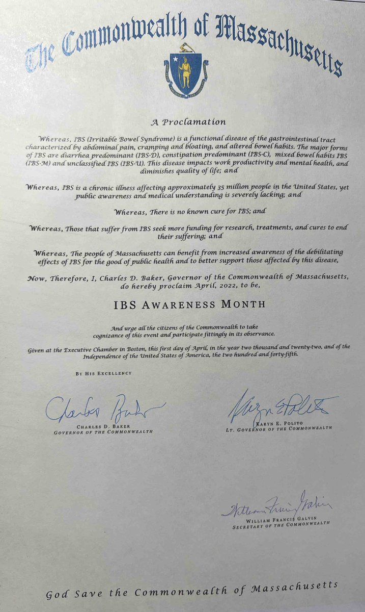lifeaftersibo's tweet photo. Its #IBSAwarnessMonth in the state of #Massachusetts and across the country. Thank you to the Honorable Governor Charlie Baker
@MassGovernor.
Thank you Maryangela(AGMD)
@gimotility for helping with this initiative!
#IBSAwarenessMonthProclamation
#SIBO #Microbiome #NameIBS https://t.co/kQwyEspE6i