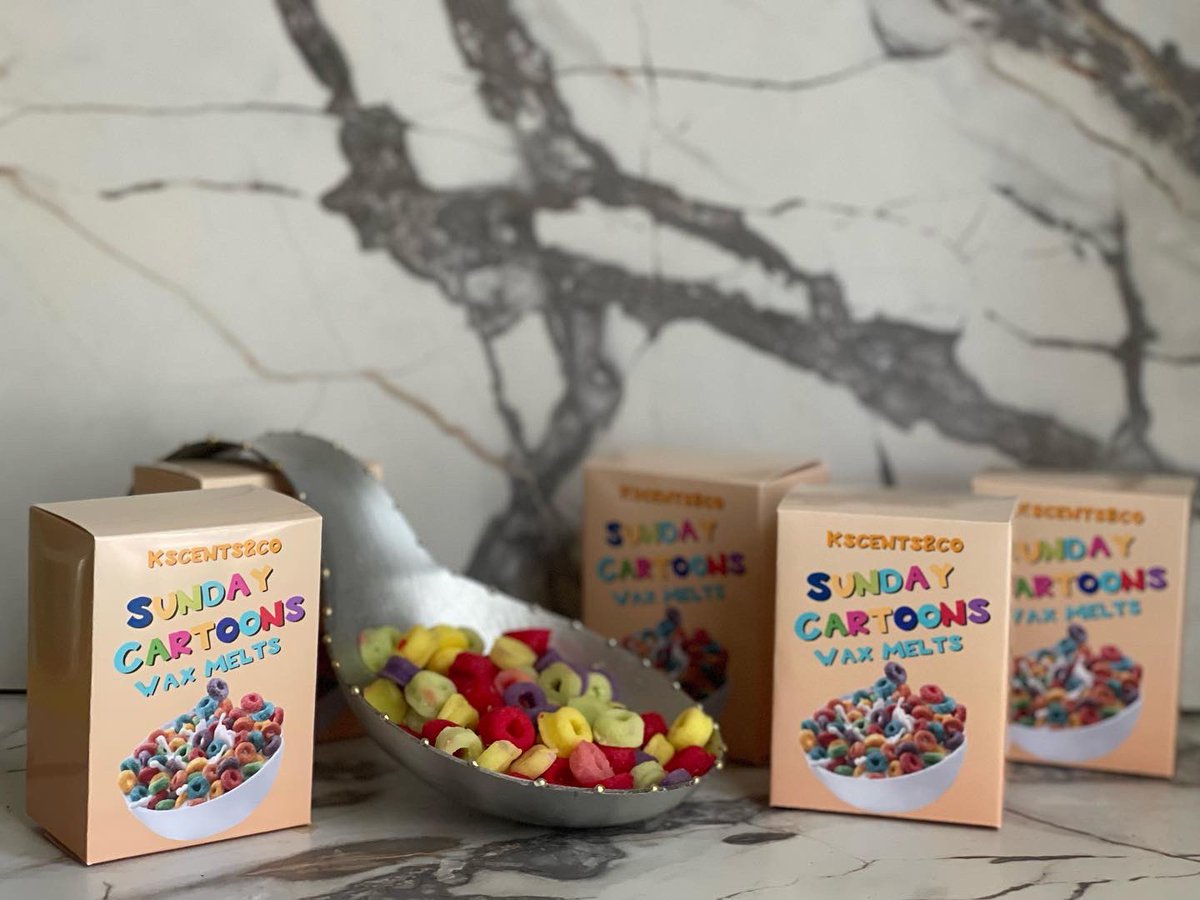 KscentsCo's tweet photo. Our Sunday Cartoons Wax Melts ,These cereal shaped wax melts will have your house smelling like a bowl of fruit loops. Bringing back childhood memories of watching cartoons on a Sunday morning🥣💛. 
Shop https://t.co/BrpbdjsSWJ https://t.co/GKgAaGB7JU