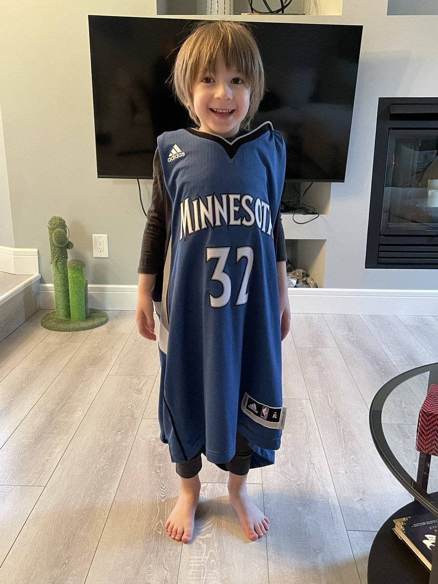 ClarkeWestby's tweet photo. Excited to watch tonight’s big game in a KAT jersey that’s about 10 sizes too big! @KarlTowns @Timberwolves @davebenz @JimPeteHoops https://t.co/lUze5wO3nV