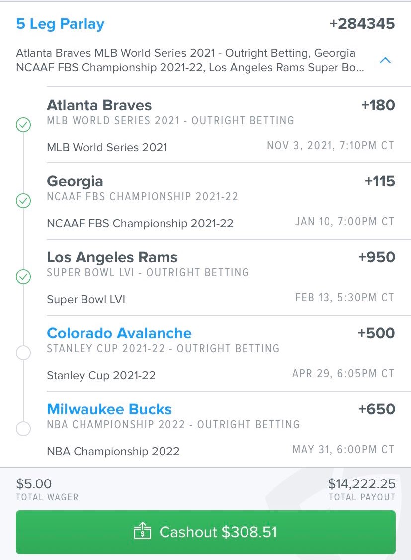 br_betting's tweet photo. $5 could pay $14K off this futures parlay 👀

Are you cashing out or letting it ride? 

(via @david88kane/@FDSportsbook) https://t.co/t3PZ6LbVdb
