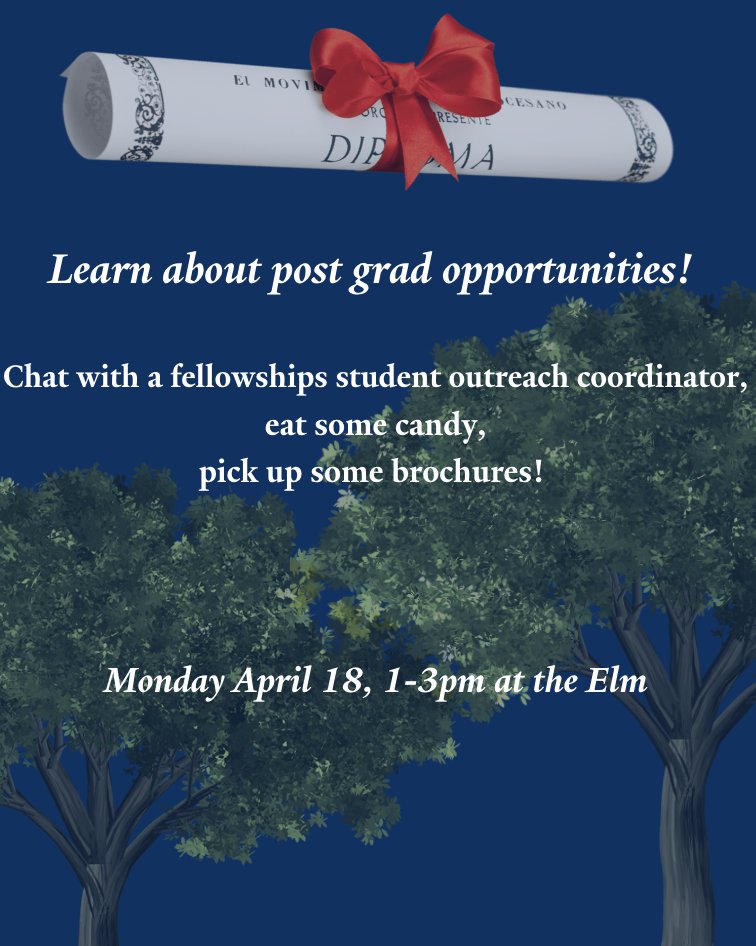 YaleFellowships's tweet photo. Chat with a student outreach coordinator about some post grad opportunities! Monday April 18, 1-3pm at the Elm. https://t.co/9YrevhKTMC