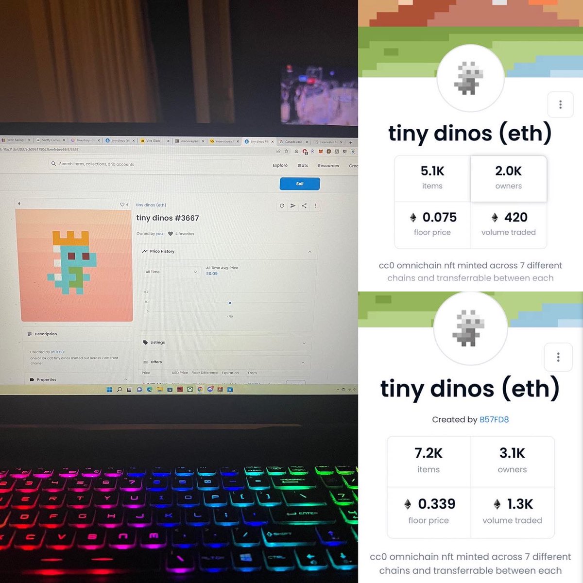 Tiny Dino’s! 🦖 These were a call out we made at around 0.05-0.07 ETH and sky rocketed up to .3! I really wish I bought 100+ would have been so cheap, but I’m happy so many of the team bought them. Great profits, and we will do these floor sweeps together more often 🤟🏻🚀