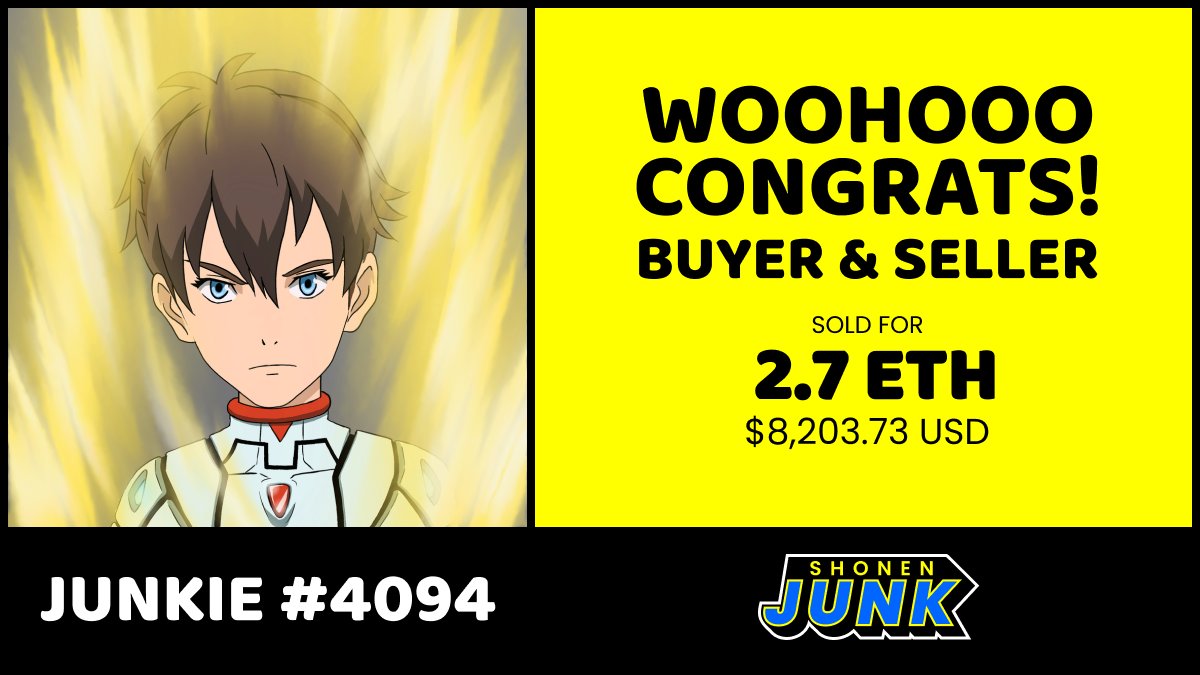 shonenjunkNFT's tweet photo. Shonen Junk #4094 sold for 2.7 eth! 🥳
Rarity rank #61 🥷
Congrats to both buyer and seller! 🎊 https://t.co/GtlZLA1QG5