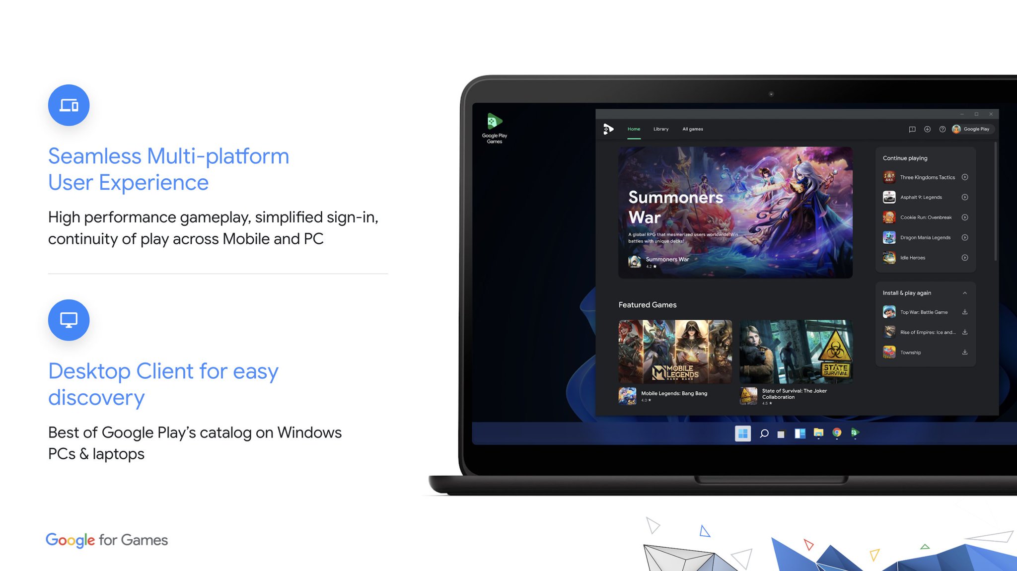 Google Developers on Twitter: "🎮🖥 Expand your mobile game to PC with your  existing codebase. Watch the Google Play Games on PC demo, learn about the  new platform, and dive into the