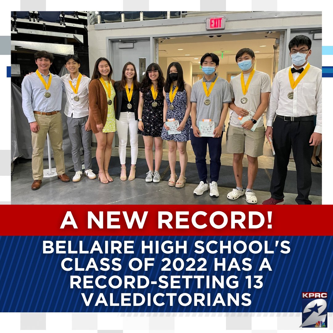 A NEW RECORD AT BELLAIRE HIGH SCHOOL! 👏

Congrats to <a href="/BellaireHigh/">Bellaire High School</a>'s Class of 2022, which feat. a record-setting 13 valedictorians!

Pic from <a href="/KPRC2RoseAnn/">KPRC2 Rose-Ann Aragon</a>, who'll have full reax from 2nite on #KPRC2News at 10

Much💕to all honored 2nite by <a href="/HoustonISD/">Houston ISD</a>!

click2houston.com/news/local/202…