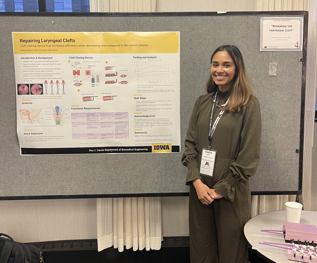 PareenMhatre's tweet image. Honored to be selected for the Design of Medical Devices Conference in the biomedical engineering hub, Minneapolis! Our proposed device is aimed at assisting in laryngeal cleft repair surgery in infants.