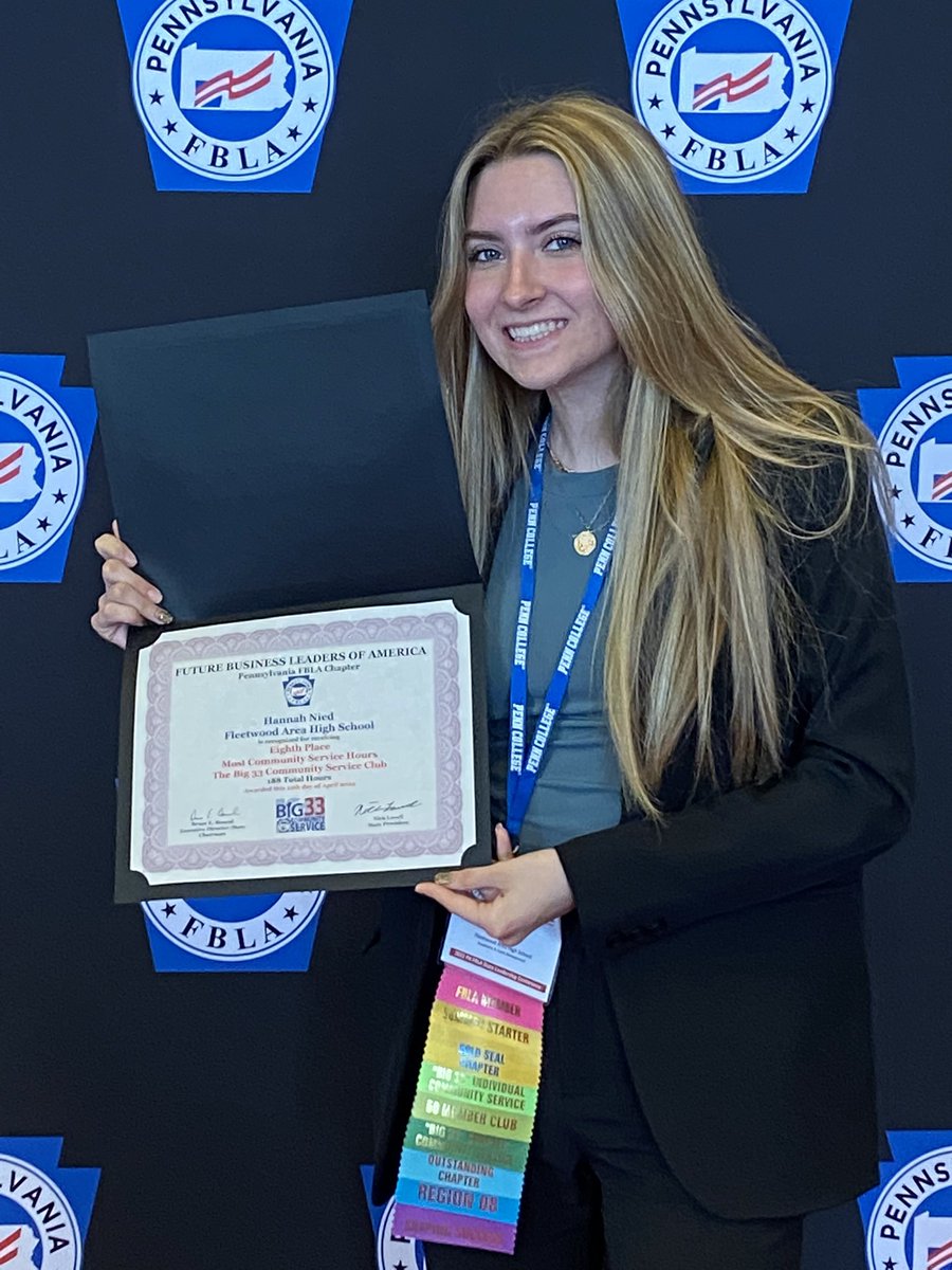 Congratulations to Hannah for her 8th place finish with community service hours at the PA FBLA SLC!