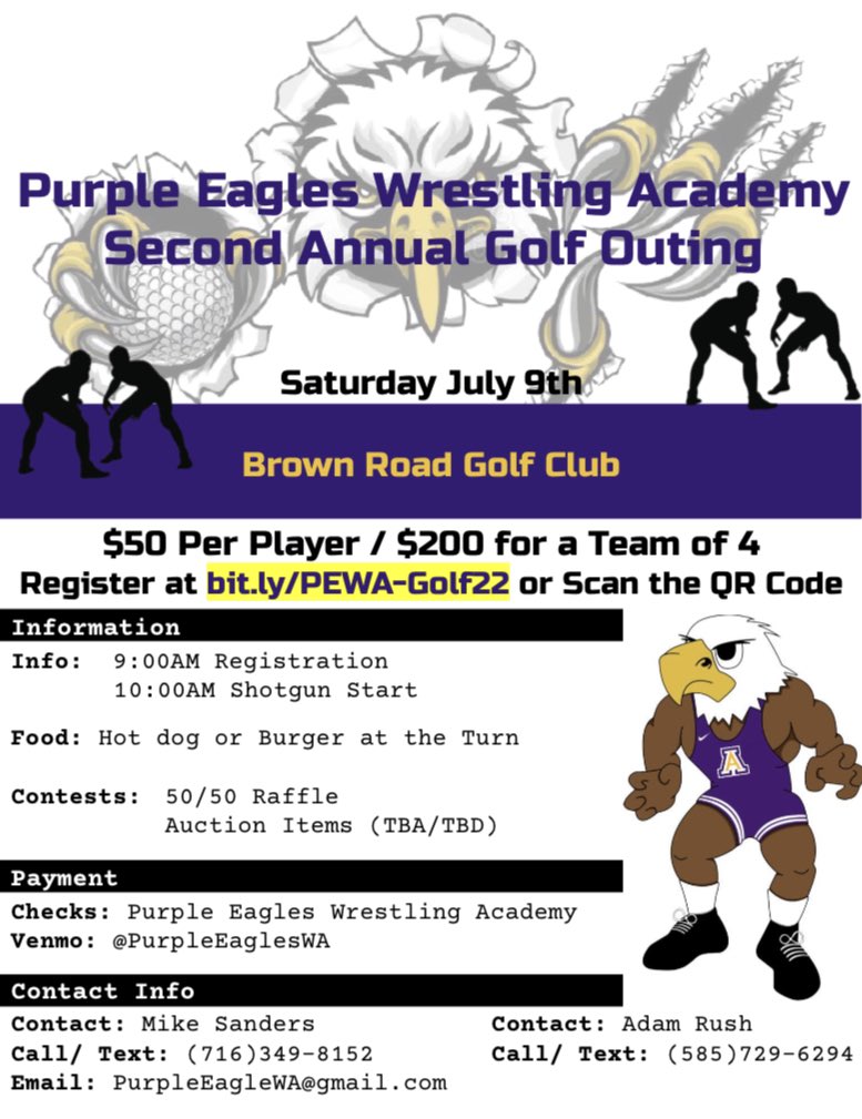 PurpleWrestles's tweet photo. Our 2022 golf outing will be held on July 9th! We are looking for golfers and sponsors.

We will have a 50/50 and raffles for adult files crates, corn hole boards, and some autographed @BuffaloBills and items!

#GoPurpleEagles 🦅 https://t.co/GGfR7bDW8M