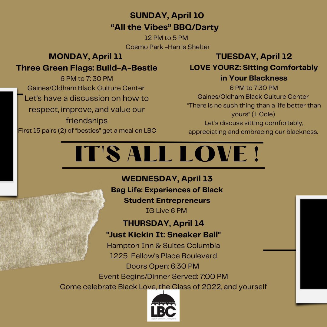 Thank you to everyone who came out to tonight’s event! Shoutout to 2017-18 LBC President: Marshall Allen for his presentation on how to “Sit Comfortably in Your Blackness”🖤

Check out the rest of our events for the week. #LBCBlackLoveWeek2022