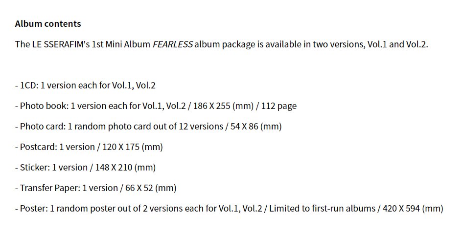LSRFM_GLOBAL's tweet photo. [NOTICE] LE SSERAFIM releases album details for 1st mini-album "FEARLESS". Pre-orders open today (April 13) at 11AM KST.

The album comes in two versions, Vol.1 and Vol.2
Here are the album contents:
@le_sserafim #LE_SSERAFIM #르세라핌 https://t.co/YtjURYpJ0L