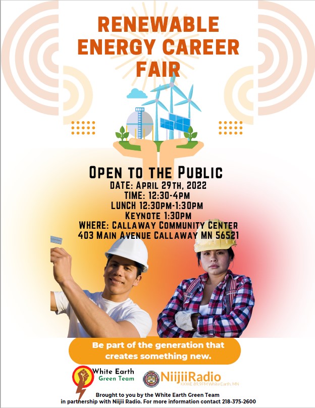MNCERTs's tweet photo. Calling all Native youth curious about clean energy careers!
White Earth Renewable Energy Career Fair is 4/29 from 12:30-4 p.m. at Callaway Community Center:
https://t.co/RI74jUl9ls
#OneDayIsNotEnough #EarthMonth https://t.co/EvL3JMMLfO