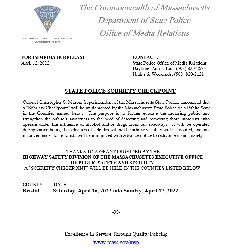 Bristol County Sobriety Checkpoint mspnews.org/2022/04/12/bri… via <a href="/MassStatePolice/">Massachusetts State Police</a>