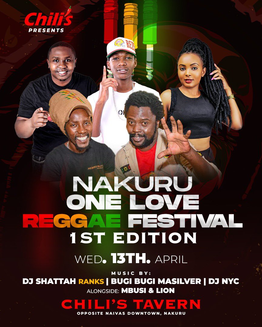 McMasilver's tweet photo. NAKURU ONE LOVE REGGAE FEST
This Wednesday 13th At Chilis Nakuru
@Mbusii | @Liondeh | @djnyckenya Hosted By Shattah Ranks & @McMasilver
#IrieginalBugiBugi
#NakuruOneLoveReggae https://t.co/ttHp14OOgq