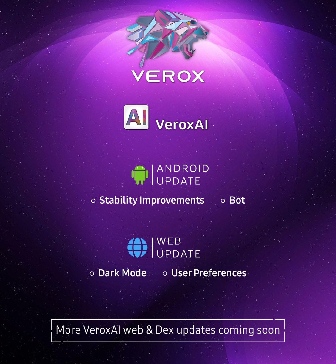Verox_AICrypto's tweet photo. It’s time to level-up. ⬆️

VeroxAI Android update just went live on Google Play Store! 🔥

VeroxAI Web is live with NEW Dark Mode feature 🌚

Check it out! 👉 https://t.co/ej51A4ZCXi

More VeroxAI &amp; VeroxDEX updates are coming soon.

Building towards perfection.

Stay tuned! 💪👀 https://t.co/2t3WWjZx1n
