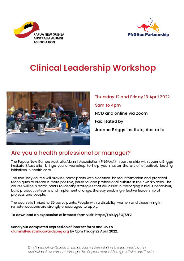PngAusAlumni's tweet photo. @JBIEBHC in p/ship w/ Australia Awards PNG will deliver a w/shop from 12-13 May to help alumni in the health sector master the art of effectively leading initiatives in health care. 

Fill an EOI: https://t.co/NMDnDQPlUs &amp; submit to: secretariat@pngaaa.org by 5pm, Fri 22 Apr. https://t.co/g7RRzDIarw