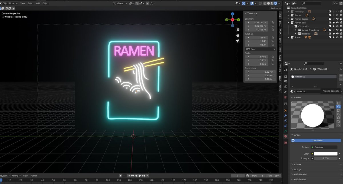 RabidDoh's tweet photo. Put myself to the test learning from that IanHubert tutorial to make a ramen sign using a reference photo, and adding a bit of noise to the emissions. If you look at some of the bts images, you'll see a comparison to my render and the stock image I referenced. https://t.co/uLdOjx5K7O