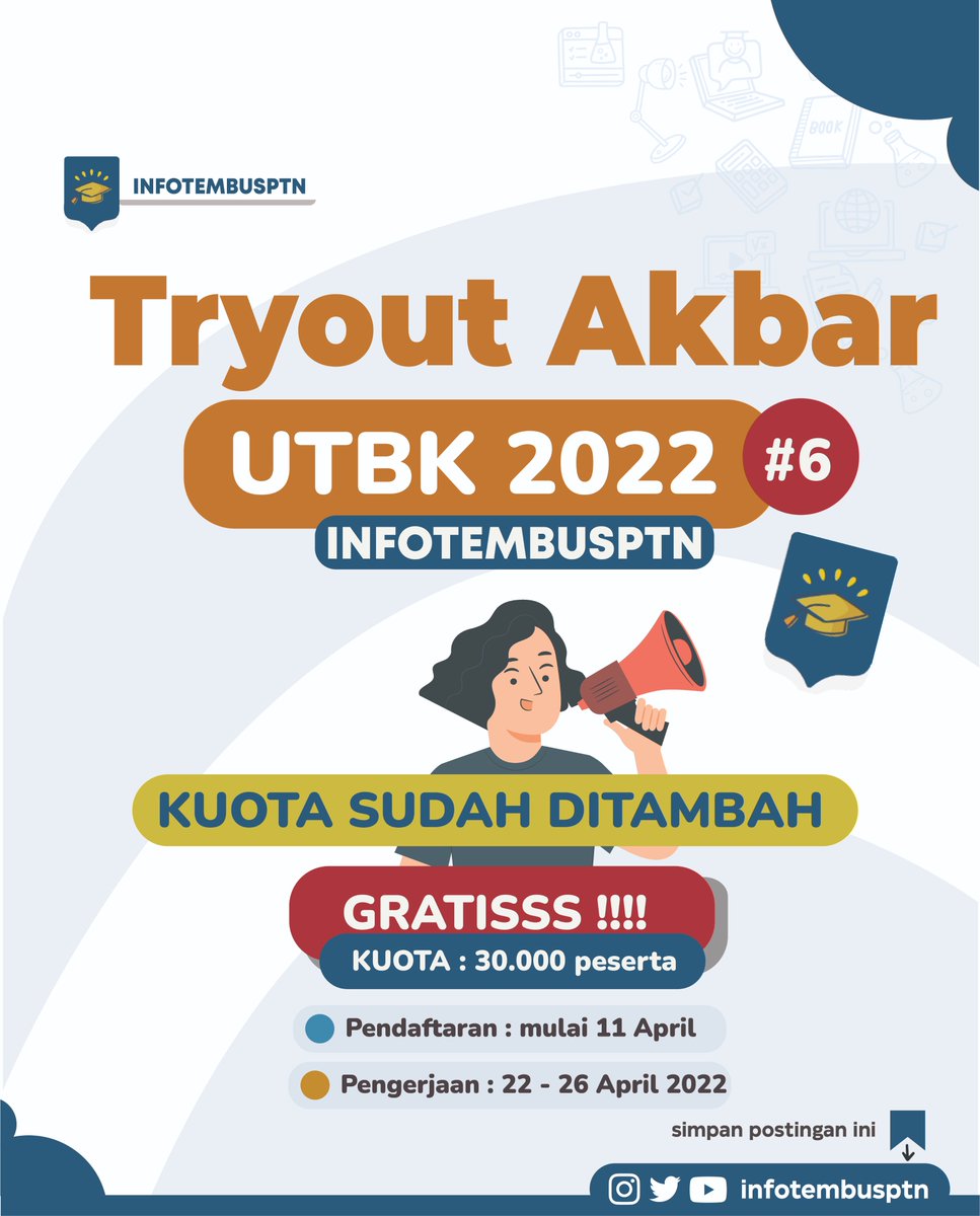 infotembusptn's tweet image. GRATISS !
TRYOUT AKBAR UTBK 2022 PART 6 ✨❤️
bersama 
@infotembusptn dan @alphastude 

✅Sudah 21.000-an peserta yang daftar
✅ Pengerjaan : 22-26 APRIL 2022

Cara Daftar Tryout UTBK #6 :⁣⁣⁣⁣⁣⁣⁣⁣⁣
RT &amp;amp; LIKES dulu sambil CEK SYARATNYA di bawah